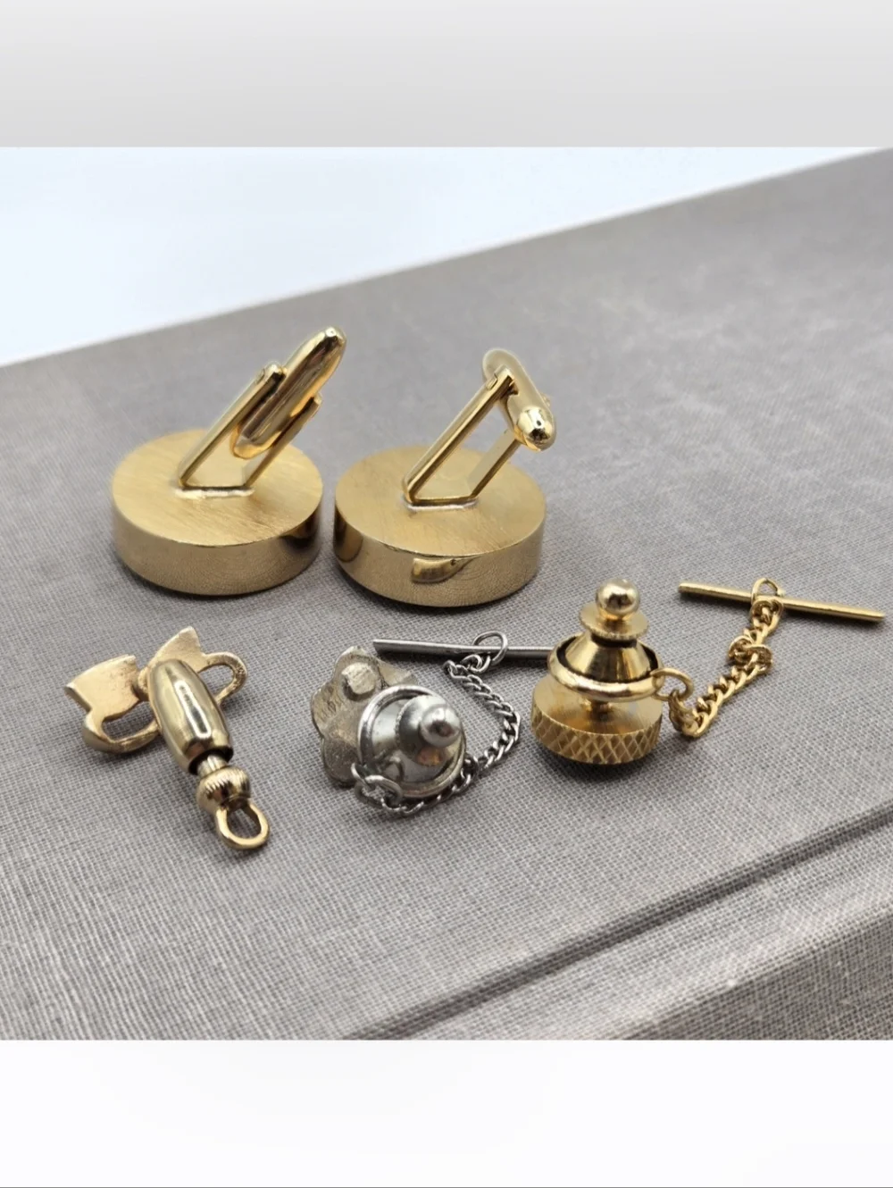 Vintage Gold Cufflinks Tie Tack Retro Elcectic Grandpa Mid Century Geometric